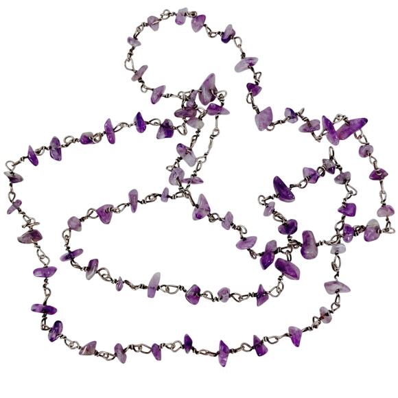 Amethyst Chip Bead Necklace Wire Linked Long Layering Lightweight Stone Jewelry - Picture 3 of 8
